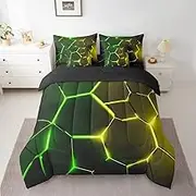 Full Size Honeycomb Comforter Set with Sheets,7-Piece Hexagonal Geoemetry Neon Green Yellow Abstract Bedding,Lightweight Microfiber Bed-in-a-Bag