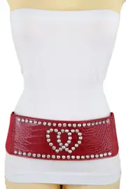 Women Red Elastic Wide Fashion Love Friendship Belt Hip Waist Silver Heart S M