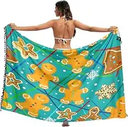 [RPLIFE] Cute Gingerbread Men Green Women's Sarongs for Bathing Suits, Fringe Sarong Wrap for Summer Beach/Pool, Large, Cute Gingerbread Men Green, Large