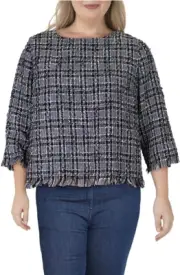 Anne Klein Womens Tweed Fringed Top Gray [L]
