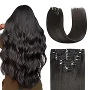 Clip in Hair Extensions Real Human Hair Natural Black Human Hair Extensions Clip ins 20 Inch Double Weft Straight 1b Clip in Human Hair Extensions #1B Color 8P
