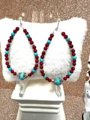 925 Sterling Silver And Turquoise / Red Teardrop Earring Loops Dangle 2 3/4 Inch
