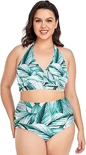 [Caihoyu] Extended Size Bikini for Women Tummy Control Bathing Suits High Waisted Bikini Swimwear Pencil Tropical Plant Leaves Manual L