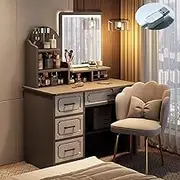 Vanity Desk,Makeup Table with Chair and Mirror,Dressing Table with Open Shelves and 4 Drawers,Light Brightness Adjustable,Lots Storage Drawers