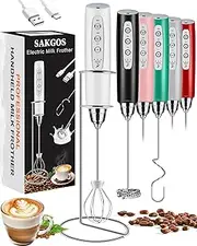 [Sakgos] Milk Frother with Stand Rechargeable-Handheld Coffee Frother with 3 Stainless Whisks 3 Speed Adjustable, Electric Whisk Drink Mixer, Foam Maker Blender for Matcha Latte Cappuccino Chocolate