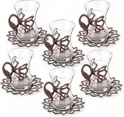 Alisveristime (Set of 6) Turkish Tea Set with Zamac Holders, Glass Cups & Saucers – 100ml Capacity, Ottoman Style, 4 Color Options (Brown)