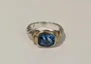 DAVID YURMAN STERLING SILVER, 14K YELLOW GOLD FACETED CUSHION SWISS BLUE TOPAZ