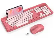 Wireless Keyboard and Mouse Combo, Retro Round Keycap Typewriter Keyboard wit...