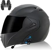 Motorcycle Bluetooth Helmet, Full Face Flip Modular Helmet with Dual Visor and Gloves, DOT/ECE Approved Adult Helmet