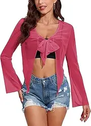 [ZAFUL] Women's Sheer Shrug Y2K Long Sleeve Cardigans 2024 Irregular Tie Front Bolera