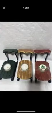 CHRISTMAS SLEIGH CANDLE HOLDERS (7” RED GREEN NATURAL WOOD) HOLIDAY SET 3