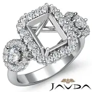 3 Stone Emerald Round Semi Mount Diamond Anniversary Ring 18k White Gold 1.1Ctw