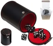 (6) Black Transparent Glitter Dice + PU Leather Red Felt Lined Cup w/Compartment