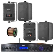 Home Amplified Bluetooth MP3 Receiver, 4x 4" Box Black Speakers, 16-G 50 Ft Wire