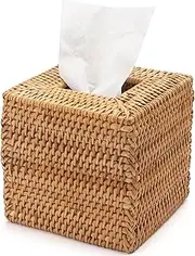 LeoLeoyy Rattan Tissue Box Cover Square, Wicker Tissue Box Holder, Decorative Woven Facial Tissue Holder for Bathroom, Kitchen, Living Room, Bedroom (Whitewash) (Natural)