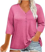 zcgoxvn Plus Size Henley Shirts for Women 3/4 Sleeve Tops Comfy Soft Tshirts Button V Neck Tees Casual Dressy Blouse Tunic