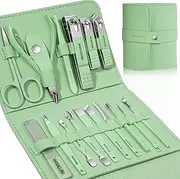Leipple Manicure Set Professional Nail Clippers Pedicure Kit, 16 pcs Stainless Steel Nail Care Tools Grooming Kit with Luxurious Travel Leather Case for Thick Nails Men Women Gift (Green)