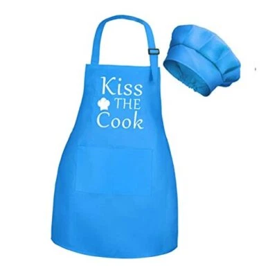 Kids Apron And Chef Hat Set With Pockets Child Apron For Boys Girl Cooking Blue