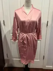 Wmn Bride Bridesmaids Robe Satin Kimono Robe Pink Rose Sz M to XL (34"Lx23"W)