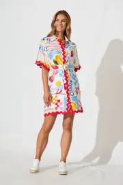 Maroa Shirt Dress Half Sleeve in multicolor White Lemon Print Ric Rac Trim 10