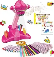 Drawing Projector for Kids, Art and Craft Kit, Toys for Girls Aged 3+, Including Colored Pencils, Crayons, Coloring Books 3+ Year Old Girls (Pink Drawing Kit v2)