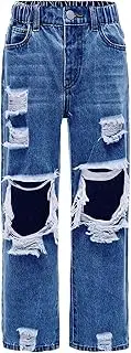 [Floerns] Girls Elastic Waist Distressed Ripped Straight Leg Denim Jeans