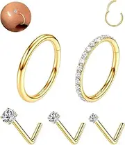 [Purbeaut] 18G Nose Rings Hoops and 20G Nose Studs Set for Women Men,Hypoallergenic 316L Surgical Stainless Steel CZ Nose Ring Gold Nose Hoop L Shape Nose Rings Studs 1.5/2/3mm CZ Sets 5Pcs Gold, 18