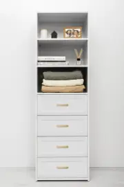 Geneva 3 Shelf 4 Drawer Built In Wardrobe - White - Hampton - Oval Brass