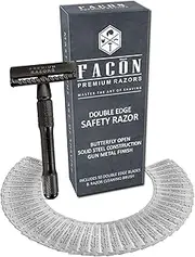 50 BLADES + Facón Classic Long Handle Double Edge Safety Razor - Platinum Japanese Stainless Steel Blades - Butterfly Open Shaving Razor for Smooth Wet Shaving Experience - 200+ Shaves