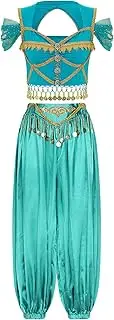 [TiaoBug] Womens Belly Dance Outfits Sweetheart Short Sleeve Gold Tassel Crop Top and Satin Long Bloomers
