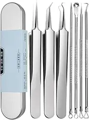 Black Head Remover Comedone Extractors, 7x Tweezers Set, Stainless Steel Face Tool Zit Removing Nose Tweezers Remover for Forehead Facial Care Skin Cleaning Kit, 11.8cm