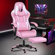 ALFORDSON Pink Gaming Chair Racing Style with Extra Large Lumbar Cushion and U-shape Headrest High Back Ergonomic Reclining Video Game Desk Chair with Footrest PU Leather Swivel Home Office Chair