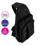 Bag Sling Cross Body Swosh Adjustable Multiple Pockets 3 Zipper Design - Black