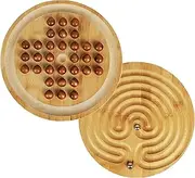 TOWO Wooden 2-in-1 Solitaire and Labyrinth Game Set- Classic one player Board Game 25cm 9.8” Marbles-Balancing & Strategy Game 2in1-Brainteaser Puzzle and Maze for 6 years old to Adult