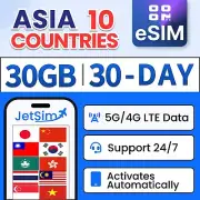 Asia 10 Countries eSIM - 30GB High-Speed, 30 Day JetSim/Travel SIM