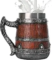 Beer Stein, Simulated Wooden Barrel Mug, Stainless Steel Double Wall Cocktail Glass, 550ml with Handles, Handmade Bucket Shaped Drinkware, Beer Accessories for Men