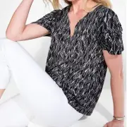 Nic + Zoe NZT Linen Blend Sketched Leaves Flutter Sleeve Blouse Top Womens Small