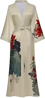 [Horezsie] Women's Long Silk Robes Long Satin Robes Long Kimono Robes Floral Silky Bathrobes Dressing Gown, One Size