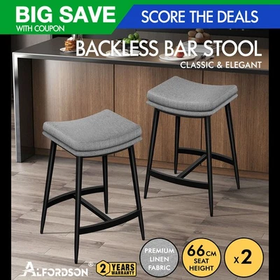 ALFORDSON 2x Bar Stools 66cm Kitchen Counter Metal Fabric Dining Chairs Grey