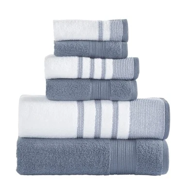 6 Piece Set 2 Bath Towels 2 Hand Towels 2 Washcloths Quick Dry White/Contrast...