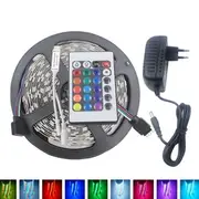5M 3528 24W RGB 300 Non-Waterproof LED Flexible Strip Light 24 Keys IR Remote + Power Adapter DC12V 7184 EU PLUG