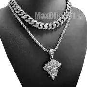 Silver Plated Alloy Mask Medusa Necklace Icy Cubic Zirconia Cuban Chain Necklace