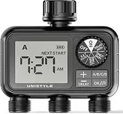 Unistyle Water Timer 3 Outlets, 3 Way Hose Timer for Sprinkler Irrigation, Built-in Brass Inlet​, Auto/Manual/Delay Modes for Garden Watering, with Smart Battery Management, Large LCD Easy to Use