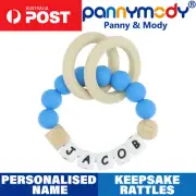 Personalised Name Keepsake Rattle Wooden Teether Ring Infant Toddler Shower Gift