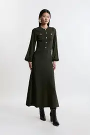 Petite Viscose Blend Maxi Knit Dress With Chiffon Sleeve Military Trim