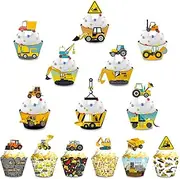 Construction Cupcake Toppers and Wrappers for Kids Set of 28pcs Digger Truck Forklift Dump Truck Tractor Excavator Car Engineering Themed for Boys Happy Birthday Baby Shower Party Supplies