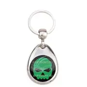 Premium Teardrop Chrome Die Cast Metal Keychain Ring Fob - SKELETON GREEN SKULL