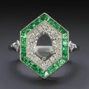 DIAMOND EMERALD RING SETTING 7x5mm OVAL MOUNT VINTAGE STYLE ART DECO WHITE GOLD