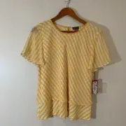 Vince Camuto Womens Gingham Top Medium Yellow Layered Mixed Print Cottagecore