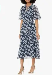 Ted Baker Marllee Dress Tiered Midi Floral Daisy Dark Navy Women TB 2 US 6 NWT